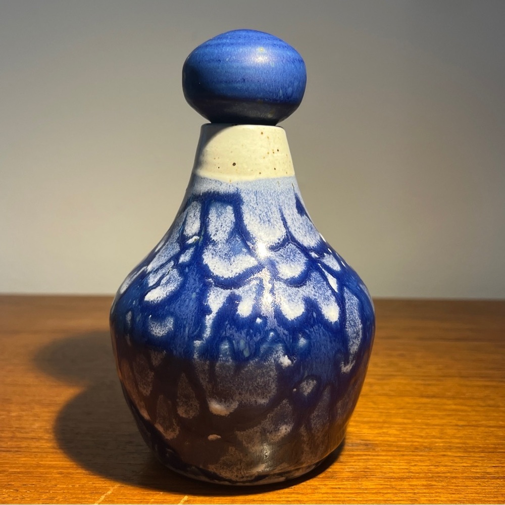 Vintage Art Pottery Handmade Perfume Bottle Vase Decor Blue Drip Glaze Unsigned